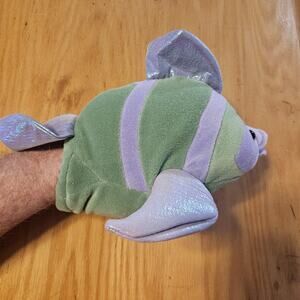 Vintage Caltoy Fish Hand Puppet Plush Green Purple Shimmer Fins Toy 2000 Kids